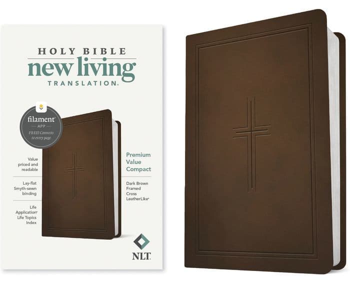 NLT Premium Value Compact Bible, Filament Enabled (LeatherLike, Dark Brown Framed Cross) by Tyndale