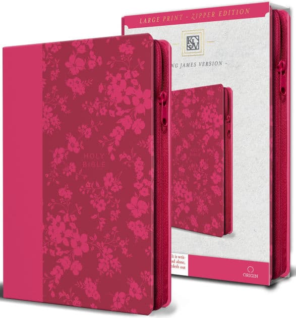 KJV Holy Bible, Large Print Handy Size, Fuchsia Premium Imitation Leather w/Ribbon Marker, Red Letter, Zipper by ORIGIN