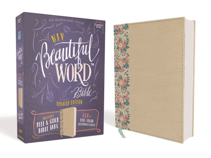 NIV, Beautiful Word Bible, Updated Edition, Peel/Stick Bible Tabs, Leathersoft over Board, Gold/Floral, Red Letter, Comfort Print: 600+ Full-Color Illustrated Verses by Zondervan
