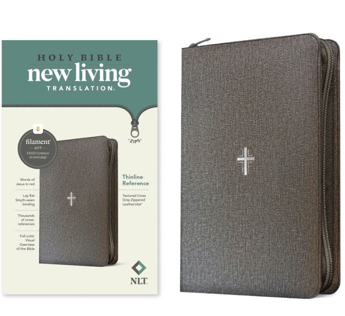 NLT Thinline Reference Zipper Bible, Filament Enabled (LeatherLike, Textured Cross Gray, Red Letter) by Tyndale