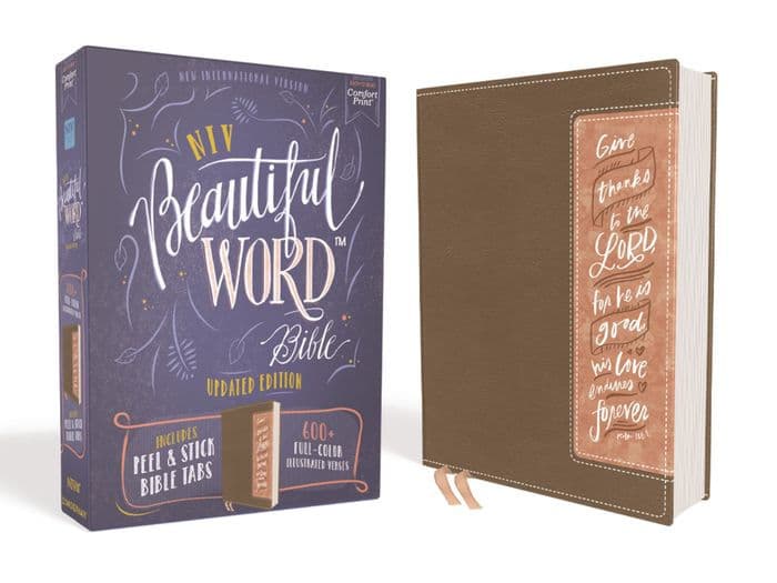 NIV, Beautiful Word Bible, Updated Edition, Peel/Stick Bible Tabs, Leathersoft, Brown/Pink, Red Letter, Comfort Print: 600+ Full-Color Illustrated Verses by Zondervan