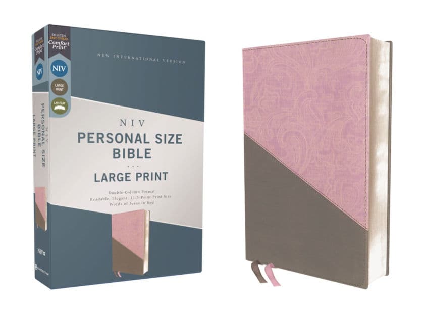 NIV, Personal Size Bible, Large Print, Leathersoft, Pink/Gray, Red Letter, Thumb Indexed, Comfort Print by Zondervan