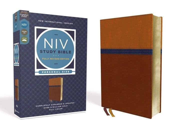 NIV Study Bible, Fully Revised Edition (Study Deeply. Believe Wholeheartedly.), Personal Size, Leathersoft, Brown/Blue, Red Letter, Comfort Print by Zondervan