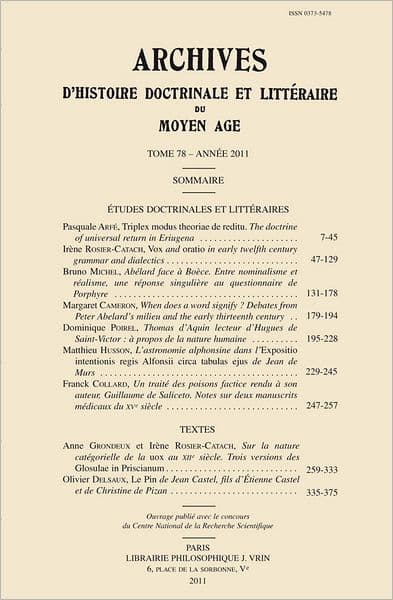 Archives d'Histoire litteraire et doctrinale du Moyen-Age LXXVIII - 2011 by Vrin