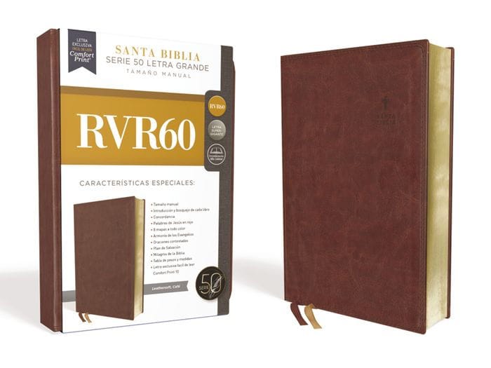 RVR60, Santa Biblia, Serie 50, Letra grande, Tamaño manual, Leathersoft, Café, Comfort Print
