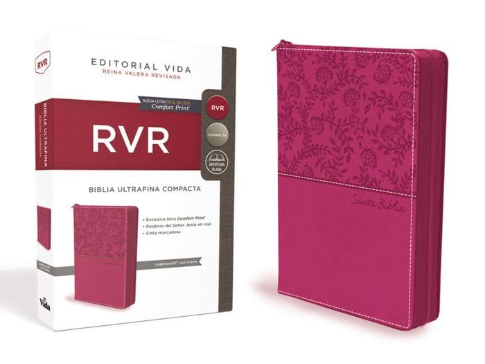 RVR77, Santa Biblia, Ultrafina, Tamaño compacto, Leathersoft, con Cierre, Rosado, Palabras de Jesus en rojo