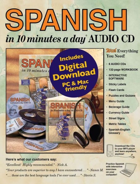SPANISH in 10 minutes a day BOOK + AUDIO: Foreign Language course for beginning and advanced study. Includes 10 minutes a day Workbook, AUDIO CDs, Software, Flash Cards, Sticky Labels, Menu Guide, Phrase Guide. Grammar. Bilingual Books, Inc. (Publisher)