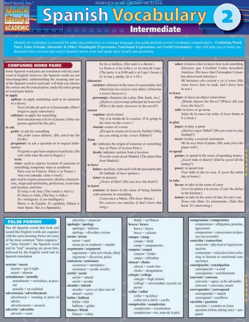 Spanish Vocabulary 2:Intermediate: QuickStudy Laminated Reference Guide