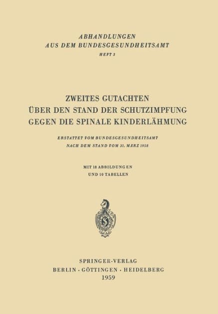 Zweites Gutachten �ber den Stand der Schutzimpfung gegen die Spinale Kinderl�hmung: Erstattet vom Bundesgesundheitsamt nach dem Stand vom 31. M�rz 1958